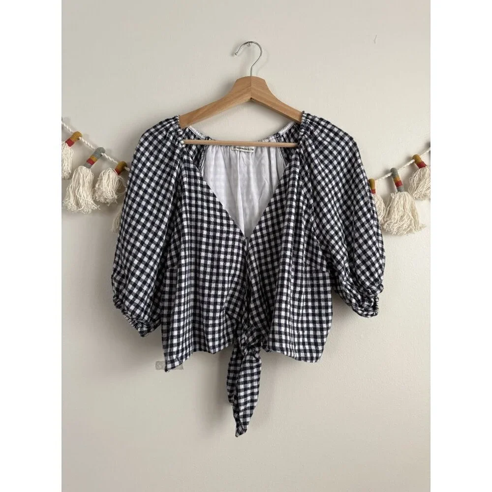 Abercrombie & Fitch Linen Gingham Puff Sleeve Tie Front Crop Top Preppy Coquette